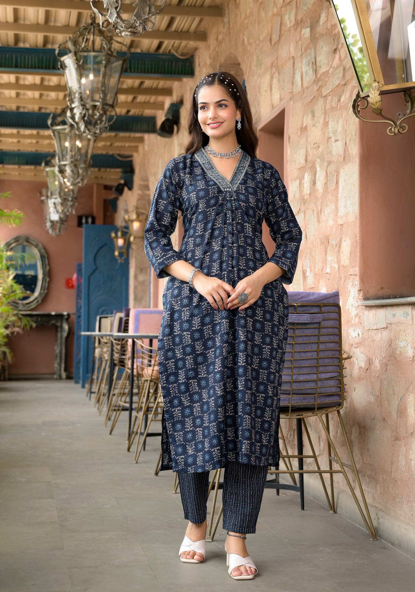 Floral Printed Kurta With Bottom Wear and Dupatta in Blue Color