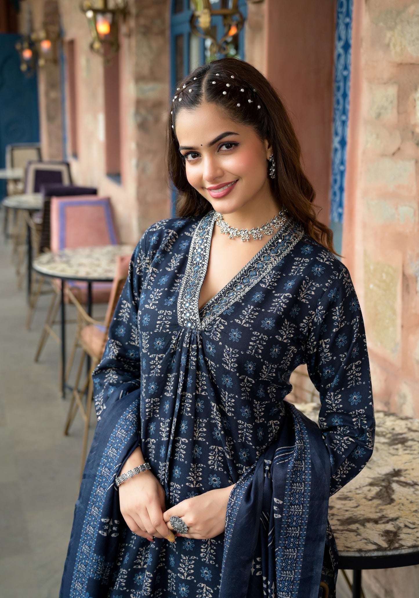 Floral Printed Kurta With Bottom Wear and Dupatta in Blue Color